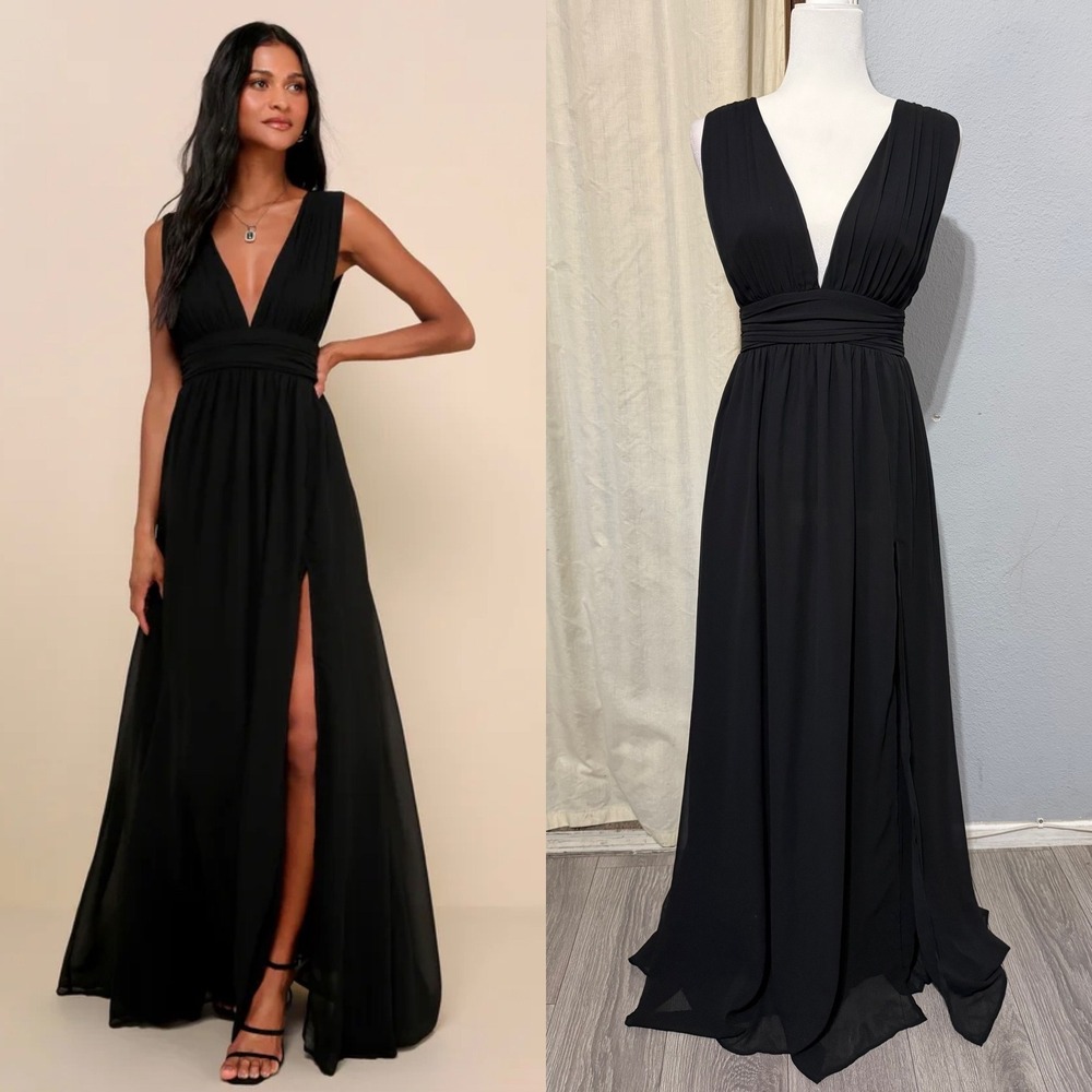 Lulus Maxi Dress XS Heavenly Hues Black Deep V-Neck Side Slit Gown Prom Romantic